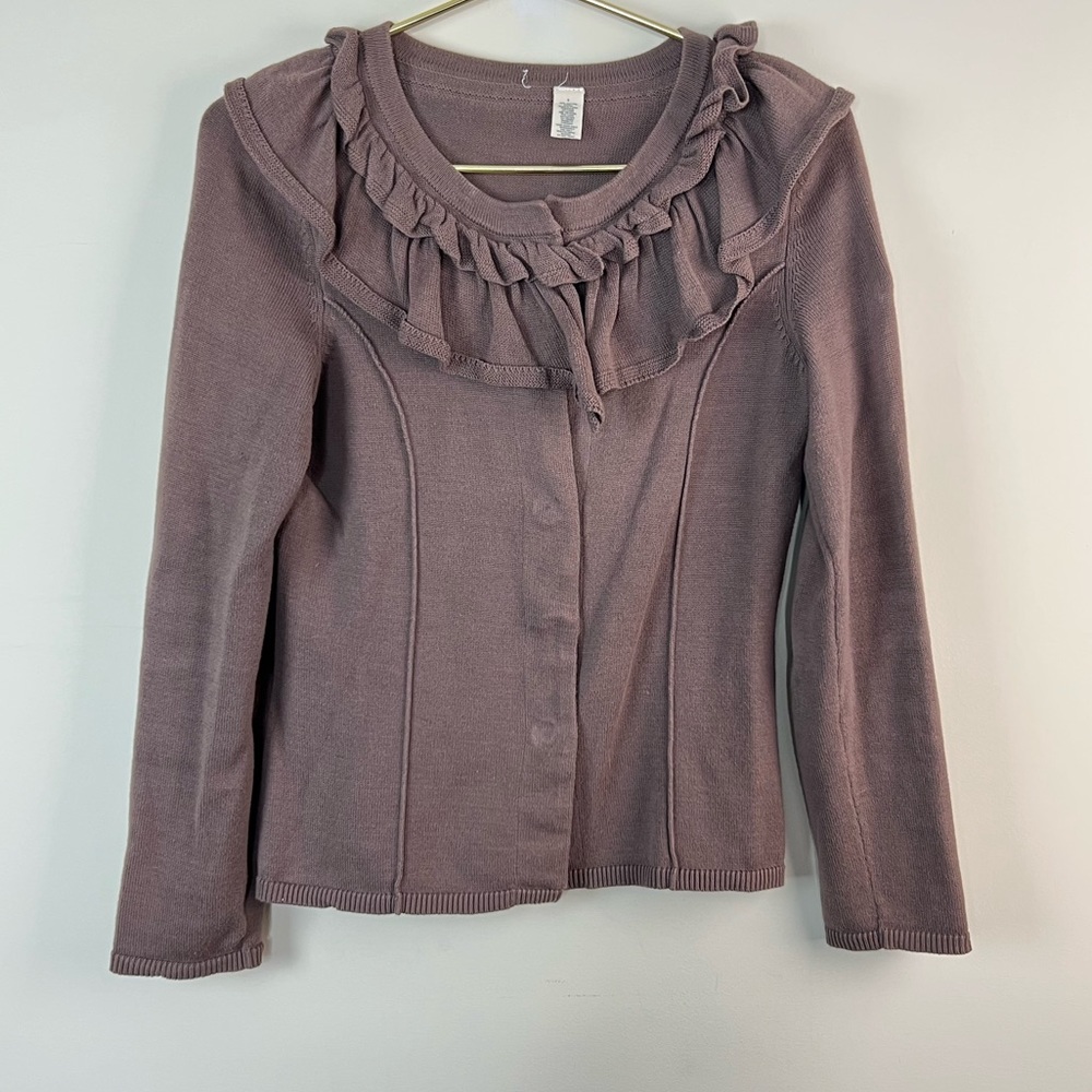 Moth Brown Ruffle Neck Cardigan Sweater, Small
